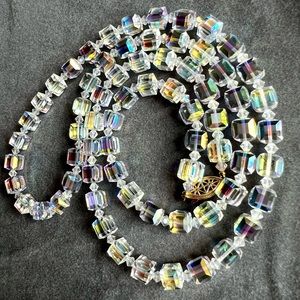 Dazzling Aurora Borealis Square Crystal Necklace w/ Drop Earrings. Y2K.